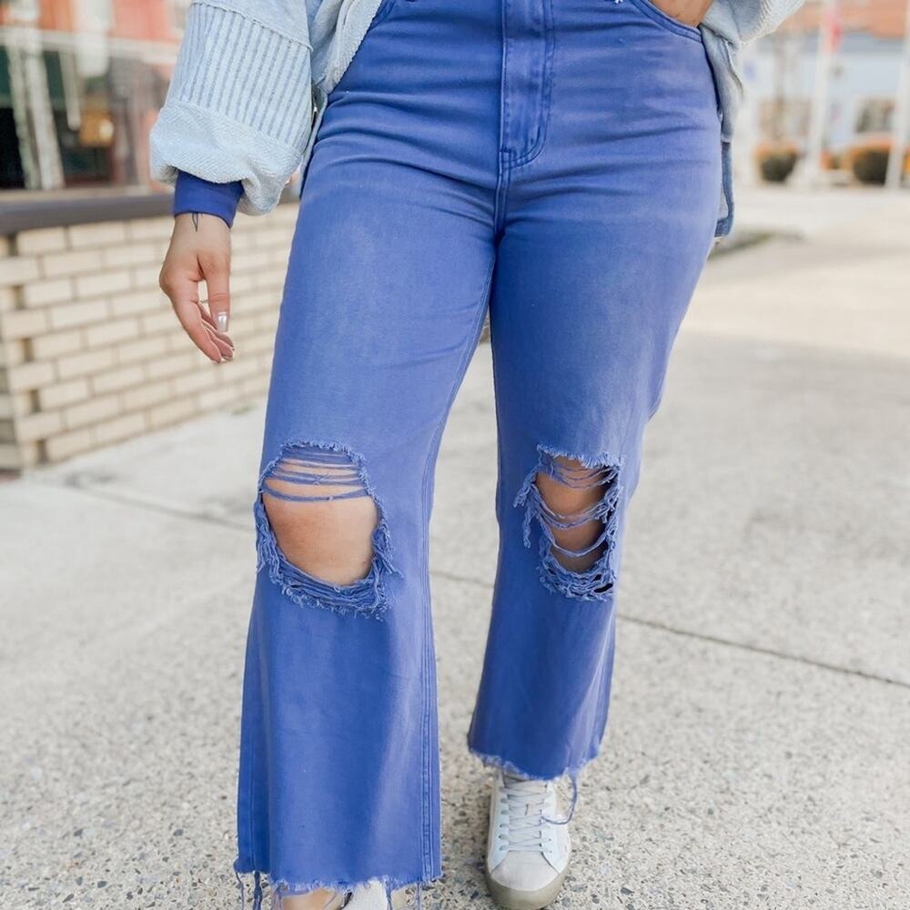 VERMET Wide Leg Jeans Distressed Ripped Crop Denim Size 30 Blue High‎ Rise 90s